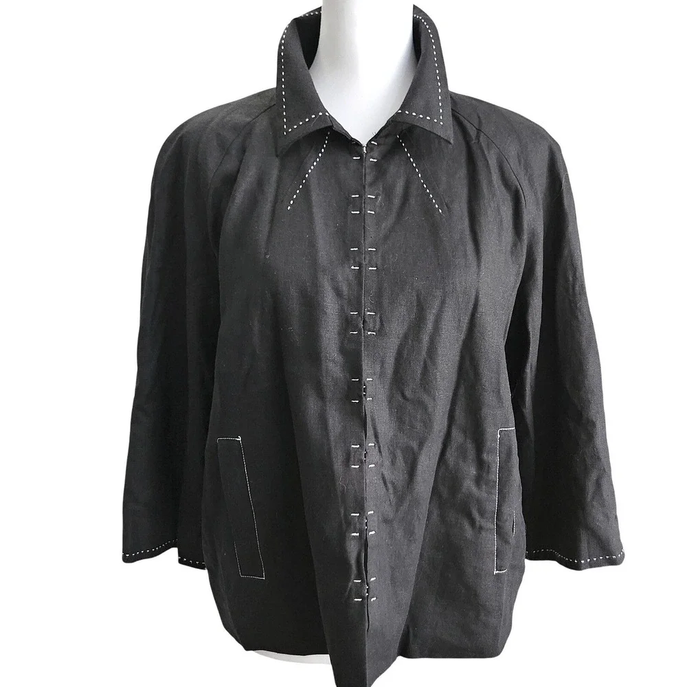 Coldwater Creek Petite Large Black Linen‎ Jacket Button Up Pockets PL